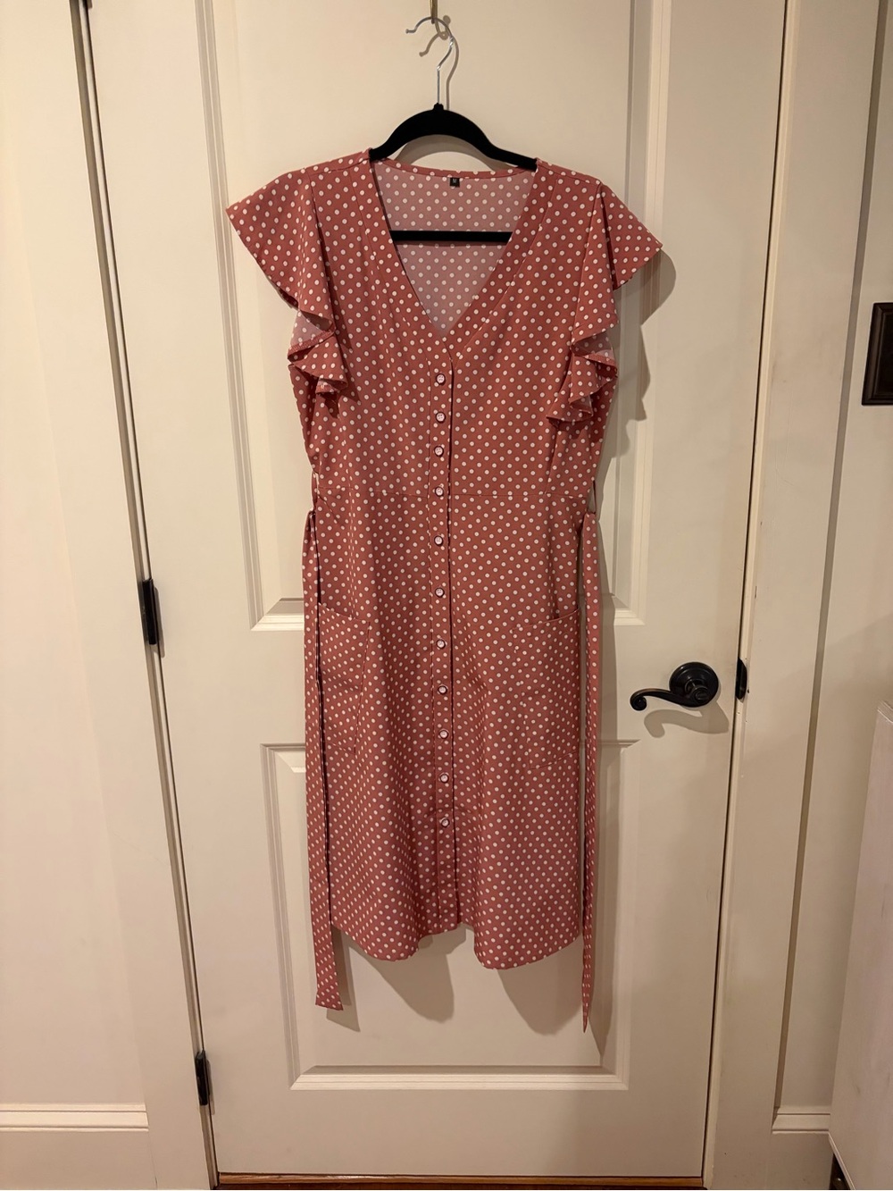 Polka Dot Button-Front Pink Midi Dress with Ruffle Sleeves